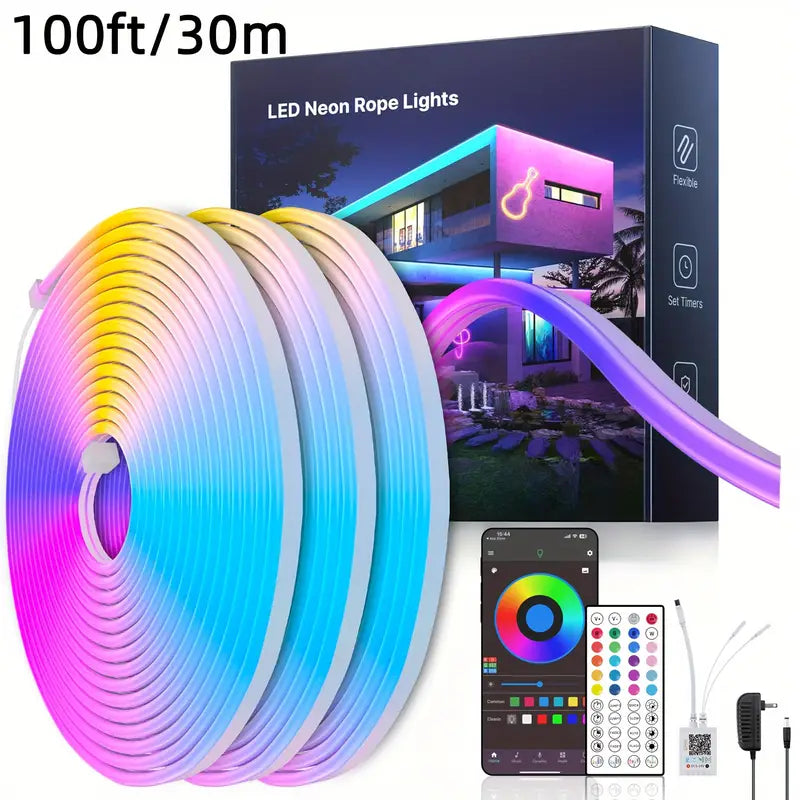 100ft Ultra-Bright Flexible Neon LED Strip Light - P67 Waterproof, with app Remote Control for Indoor/Outdoor