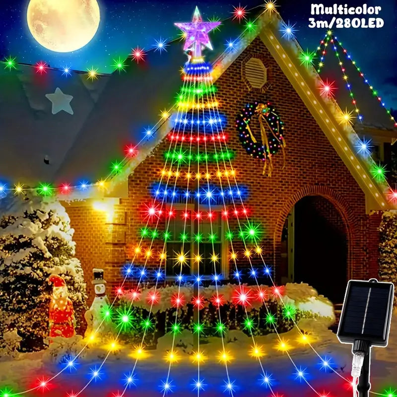 Solar Powered Waterproof 8-Mode Decorative Star Waterfall Lights for Patio Party Home Holiday Decoration,