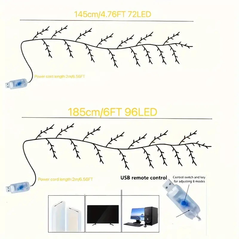 1Pc 72/96LEDS Bendable Willow Vine Lights, 8Modes Rattan Tree Decorative