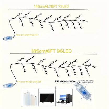 1Pc 72/96LEDS Bendable Willow Vine Lights, 8Modes Rattan Tree Decorative