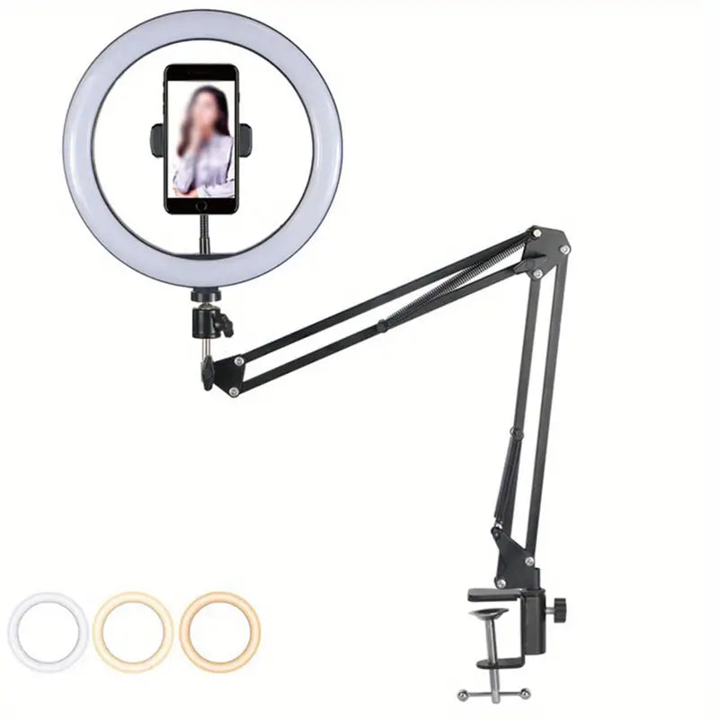 Ring Light with Overhead Phone Mount, LED Selfie Light with Stand and Phone Holder for iPhone and Laptop, Desk Light for Video