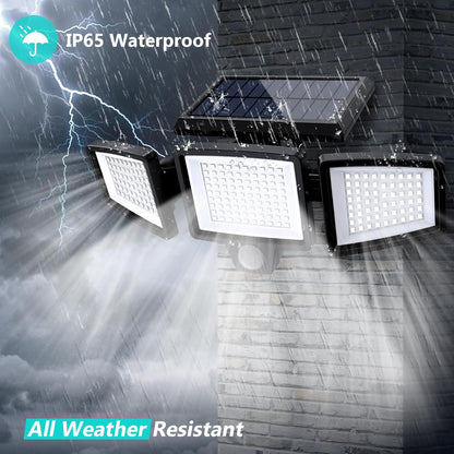 Solar powered Outdoor Security Lights with Remote Control,3 Heads Motion Sensor & 270° Wide Angle Flood Wall Lights (2 Packs)