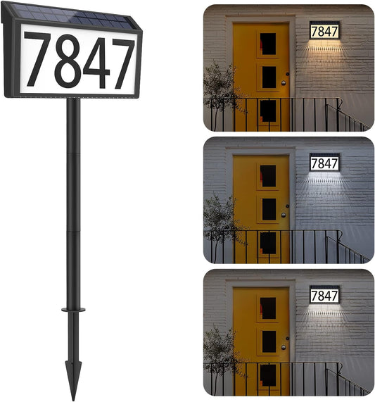 Solar-Powered Address Sign, Waterproof LED, 3-Color Modes,Stakes Included