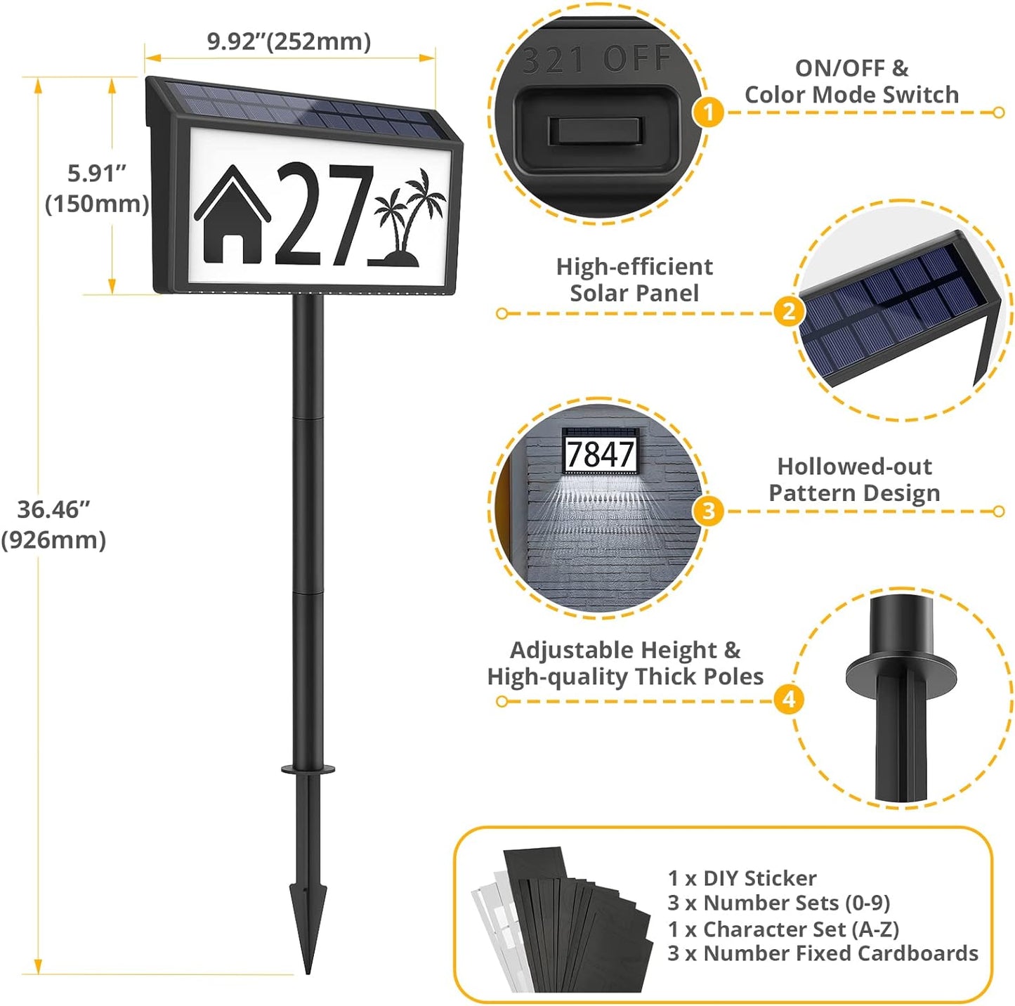 Solar-Powered Address Sign, Waterproof LED, 3-Color Modes,Stakes Included