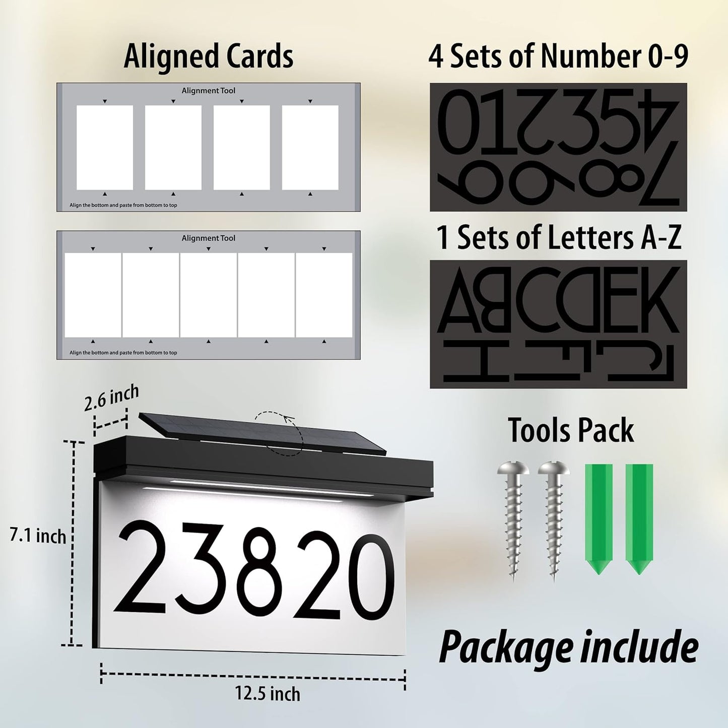 Adjustable solar-powered waterproof LED address sign with daylight white illumination.