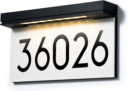 Solar-powered waterproof LED address sign with daylight white illumination.