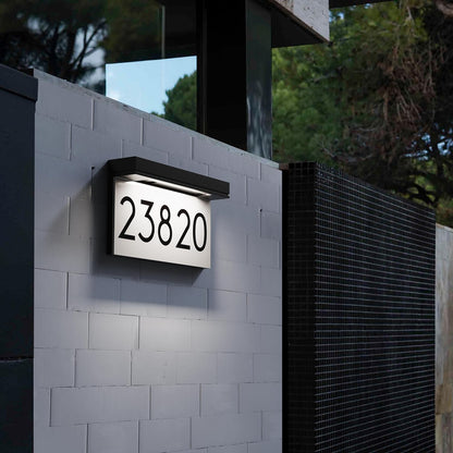 Solar-powered waterproof LED address sign with daylight white illumination.