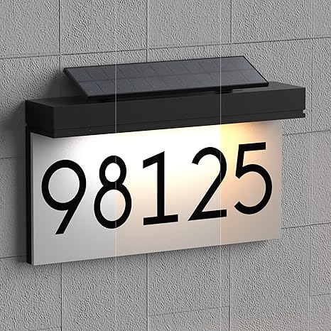 Adjustable solar-powered waterproof LED address sign with daylight white illumination.