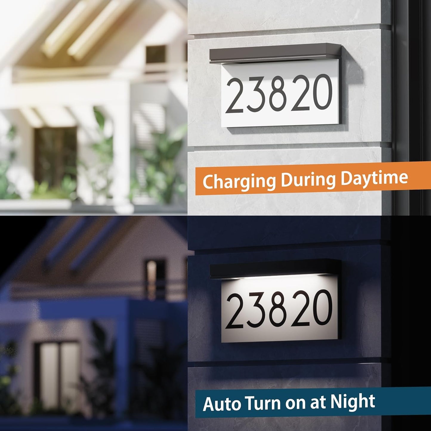 Solar-powered waterproof LED address sign with daylight white illumination.