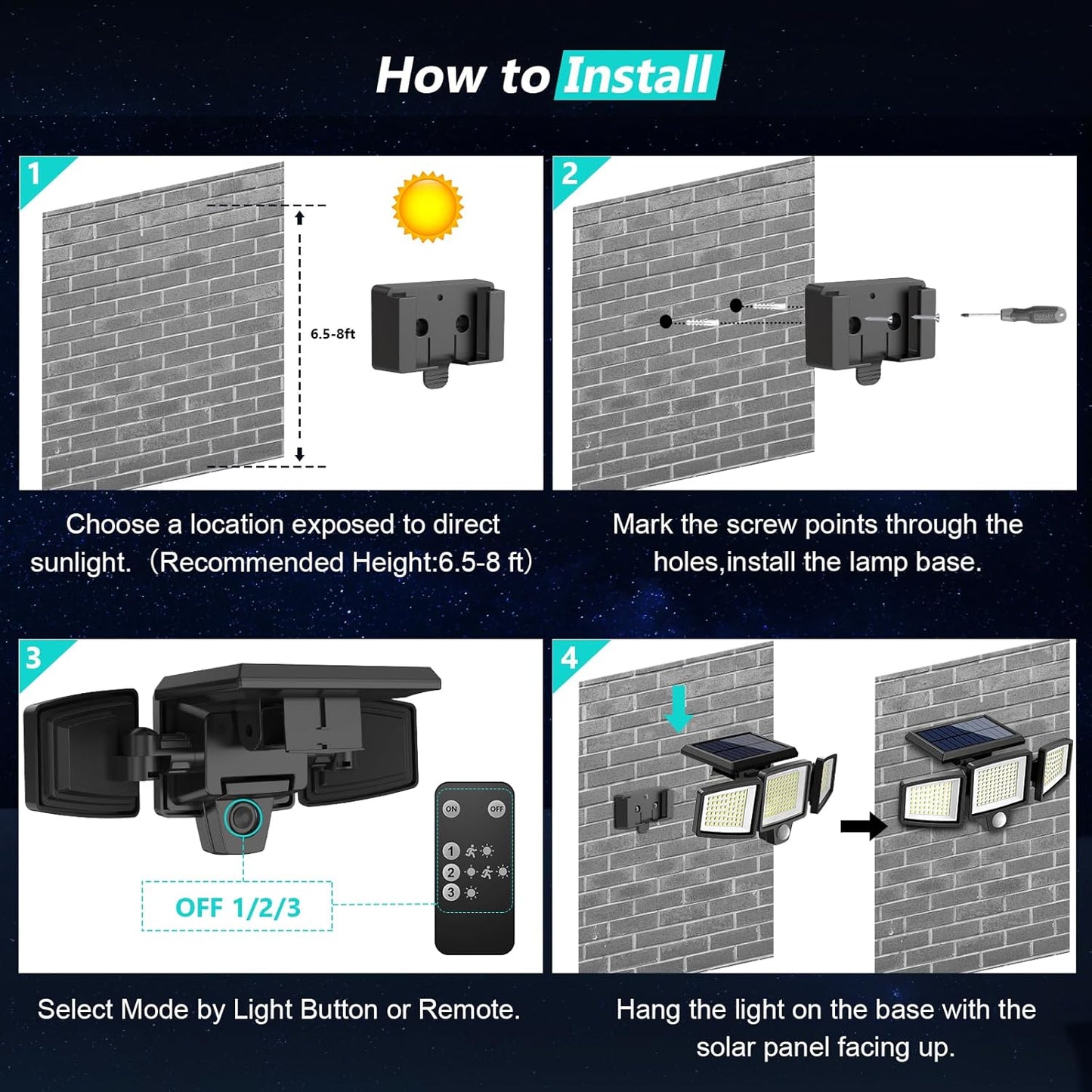 Solar powered Outdoor Security Lights with Remote Control,3 Heads Motion Sensor & 270° Wide Angle Flood Wall Lights (2 Packs)