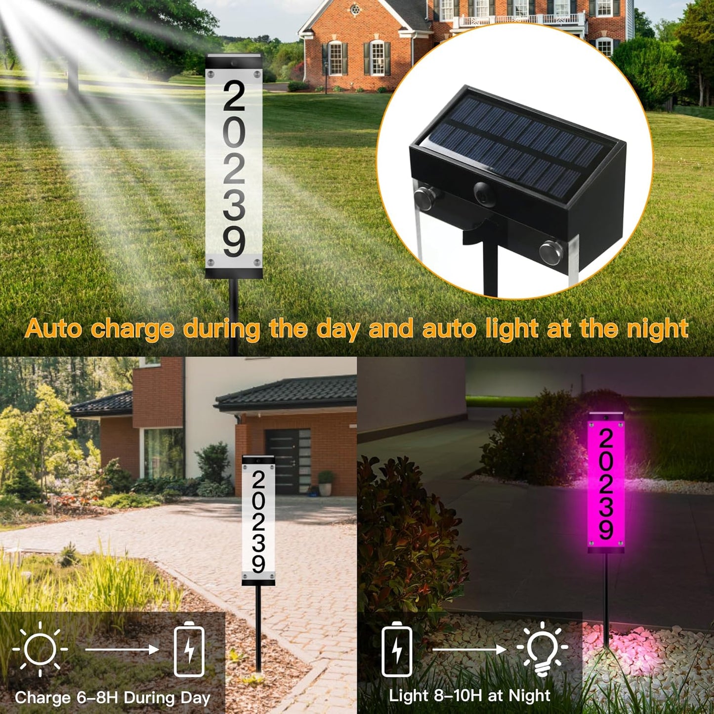 Solar-powered waterproof LED address sign mountable, with 7 colors