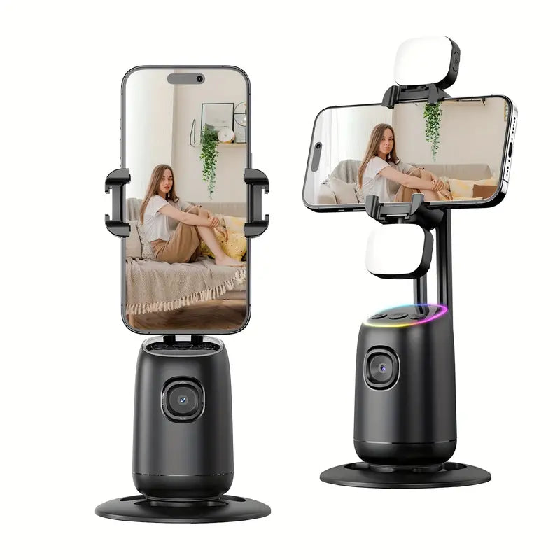 Automatic human face tracking mobile phone tripod with 2 fill lights, portable mobile phone camera tripod that can rotate 360°