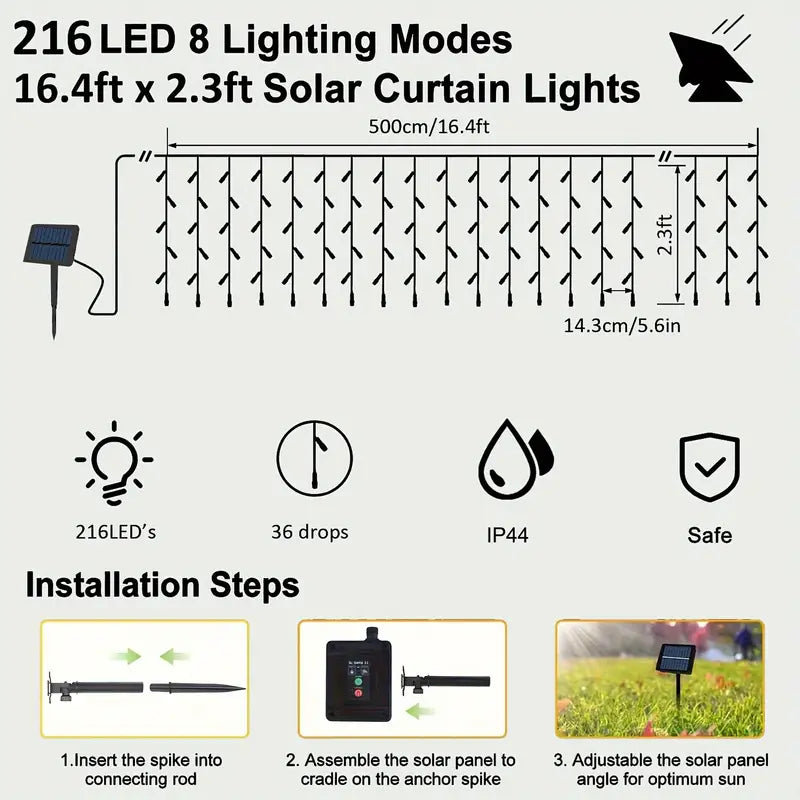 1pc Solar Curtain Lights Outdoor, 16.4ftx 2.3ft 216LED Fairy String Lights 8 Modes Remote Control