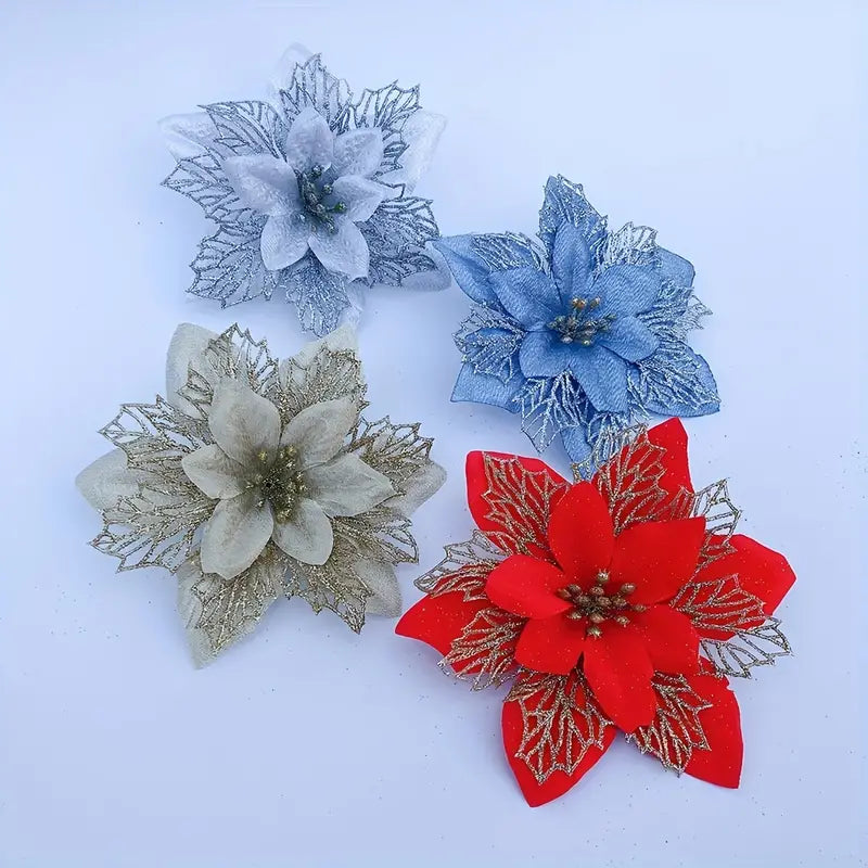 15pcs, Multicolor Christmas Flower with Golden Powder