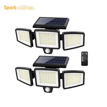 Solar powered Outdoor Security Lights with Remote Control,3 Heads Motion Sensor & 270° Wide Angle Flood Wall Lights (2 Packs)